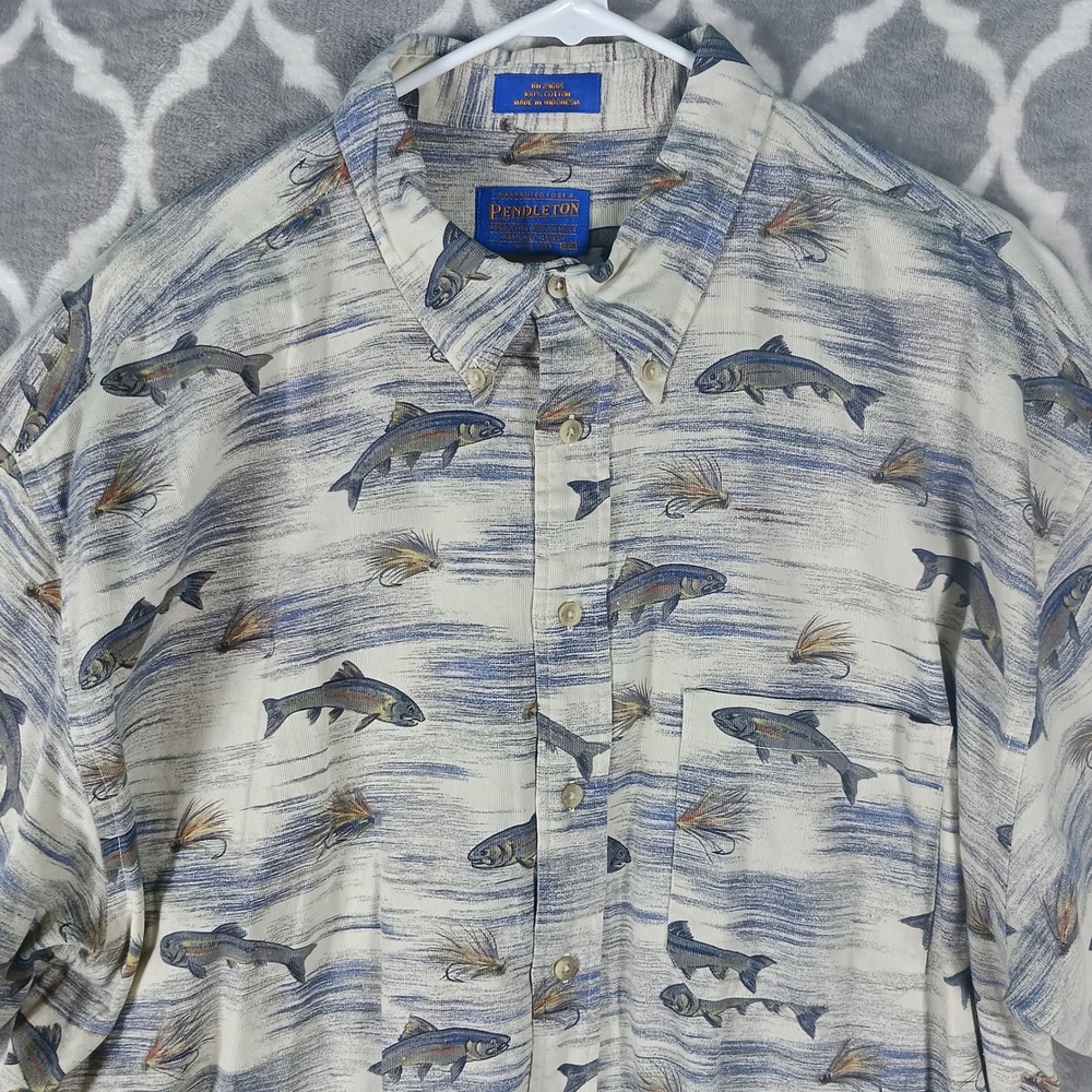 Pendleton Button Down Shirt Mens XXL Beige Blue Fish Print Dad Fisherman Angler